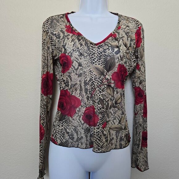 Express Vintage Y2K Roses Mesh Euro goth long sleeve top - Picture 1 of 8